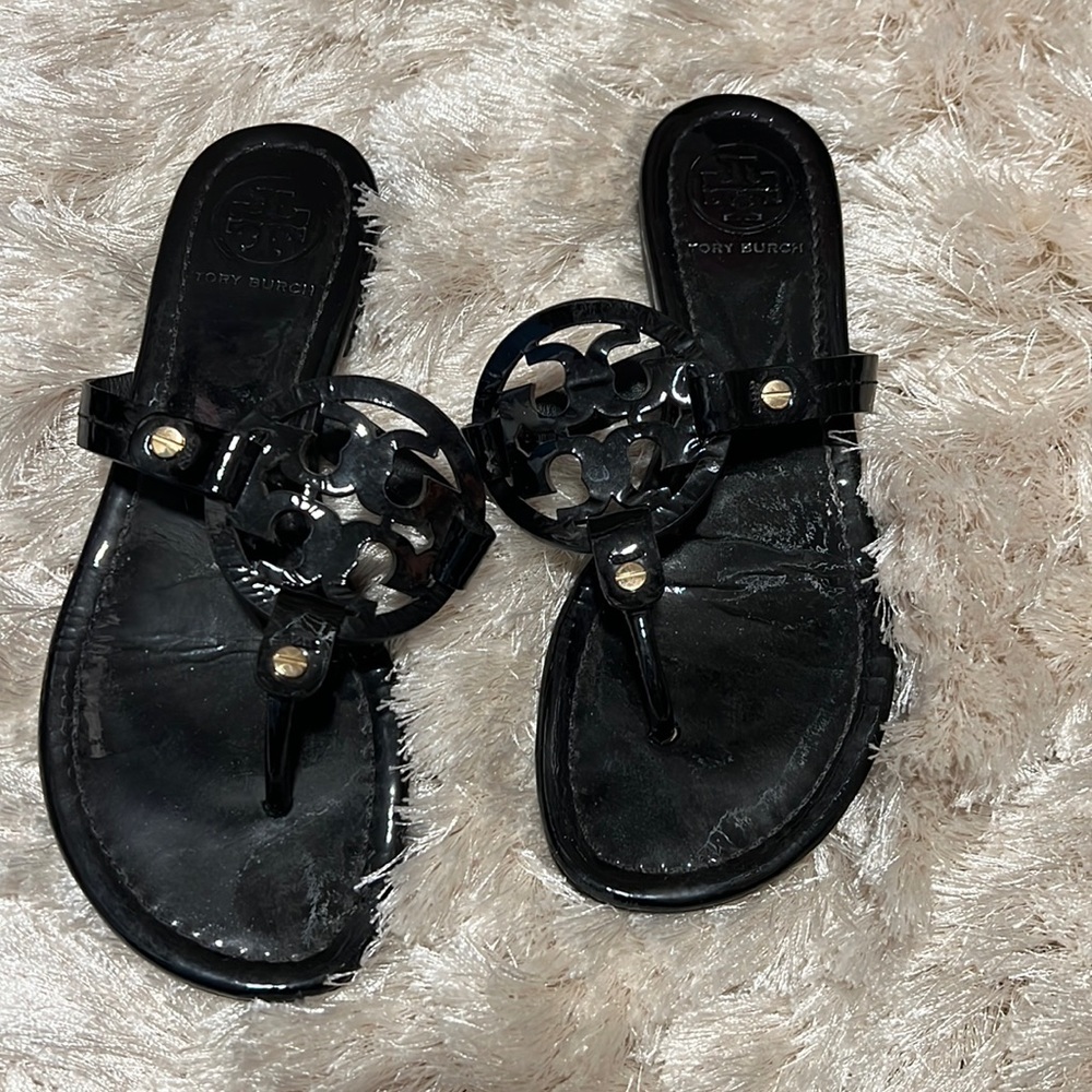 Tory Burch Miller black patent leather sandals size 6